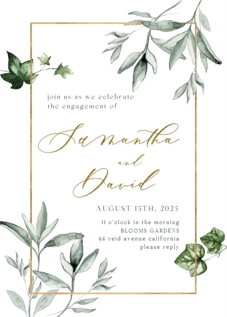 Greenery and gold frame - nişan partisi davetiyesi